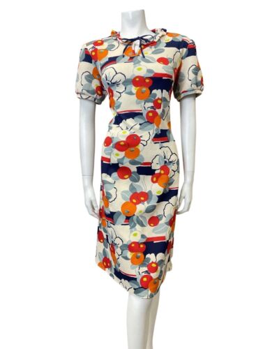 VINTAGE 60s 70s WHITE RED BLUE BERRY FLORAL RUFFLE MOD SHORTSLEEVE DRESS 16 18