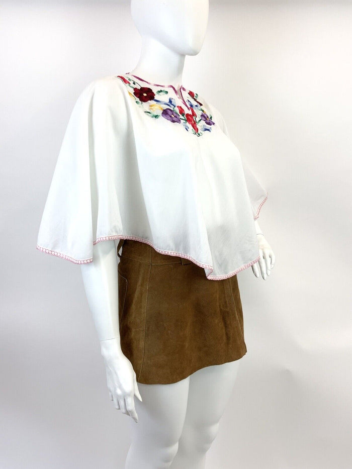 VINTAGE 60s 70s WHITE RED BLUE GREEN FLORAL BIRD ROSE BOHO FOLK CAPE TOP 18 20