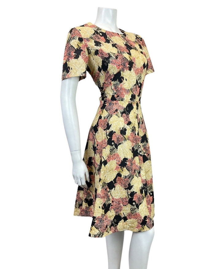 VINTAGE 60s 70s YELLOW BLACK RED AUTUMNAL LEAFY MOD SWING DRESS 14 16