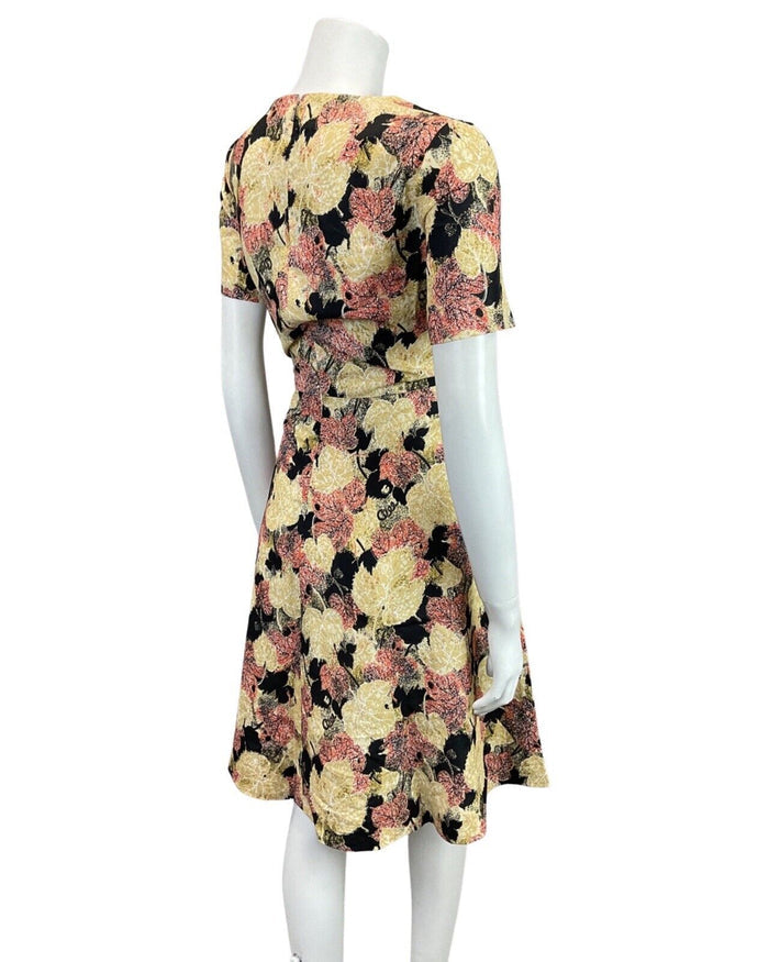 VINTAGE 60s 70s YELLOW BLACK RED AUTUMNAL LEAFY MOD SWING DRESS 14 16