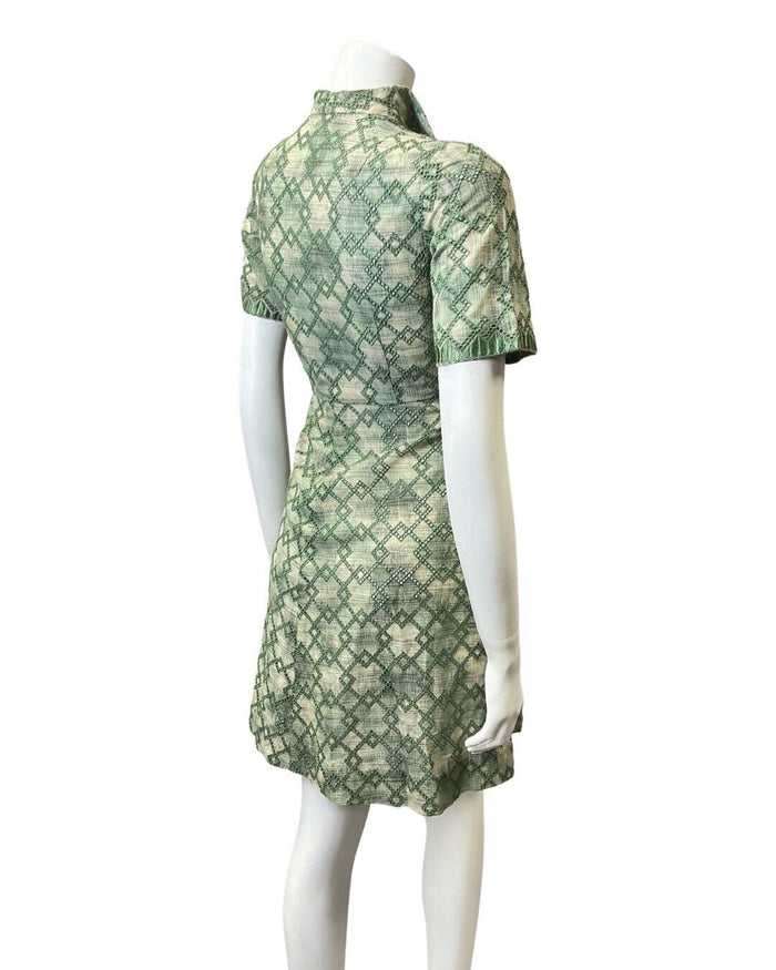 VINTAGE 60s 90s GREEN CREAM DIAMOND EMBROIDERED ANGLAISE MOD SHIRT DRESS 8 10