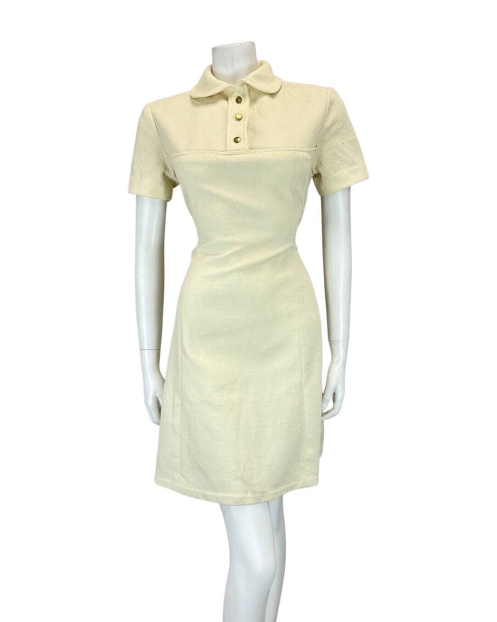 VINTAGE 60s CREAM YELLOW FLORAL PETER PAN COLLAR MOD SHORT DRESS 12