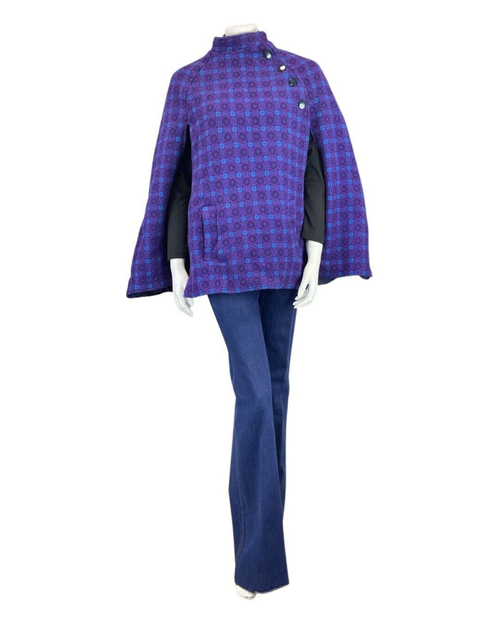 VINTAGE 60s PURPLE BLUE BLACK GEOMETRIC TILED MOD WOOL CAPE 6 8