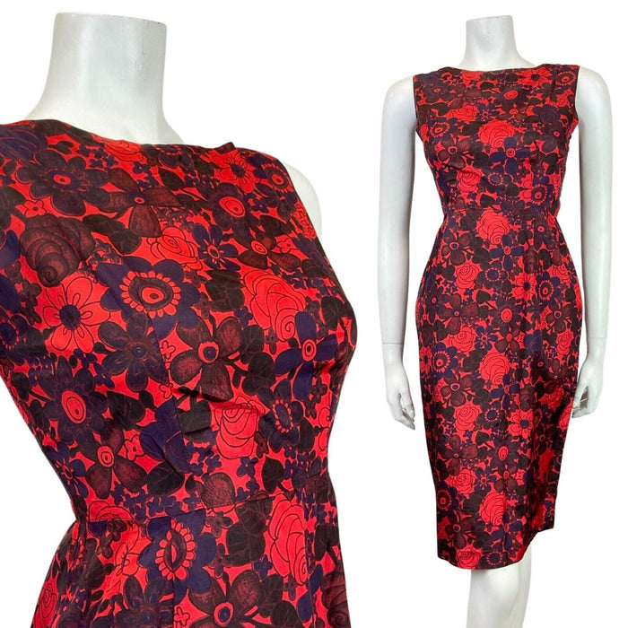 VINTAGE 60s RED PURPLE BROWN FLORAL SLEEVELESS WIGGLE PENCIL DRESS 6