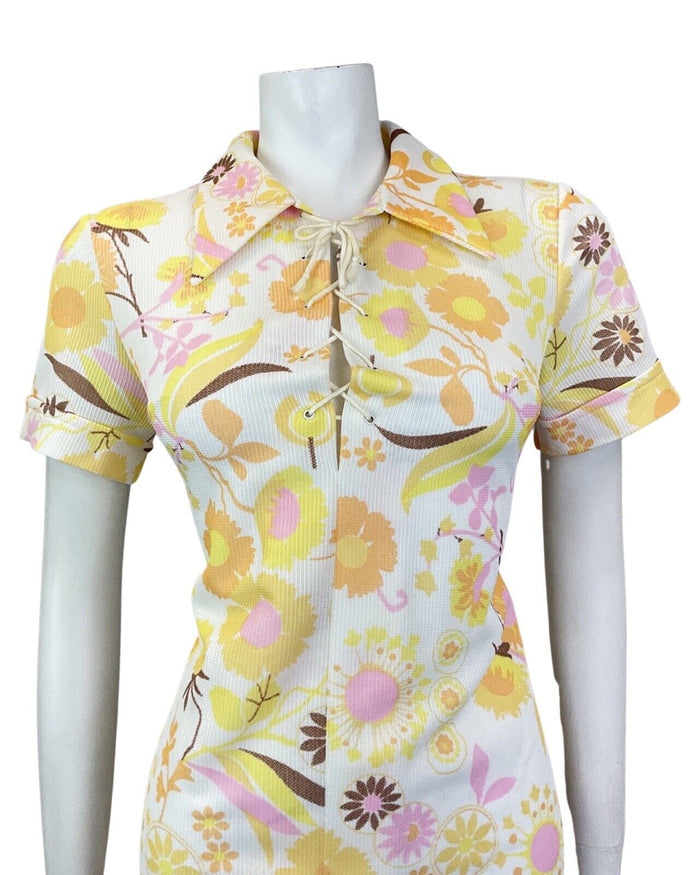 VINTAGE 60s WHITE YELLOW PINK DAISY FLORAL LACE-UP DAGGER SHIRT DRESS 12 14