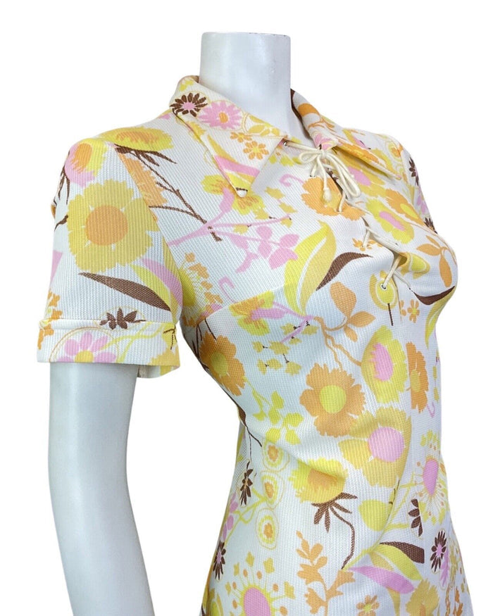 VINTAGE 60s WHITE YELLOW PINK DAISY FLORAL LACE-UP DAGGER SHIRT DRESS 12 14