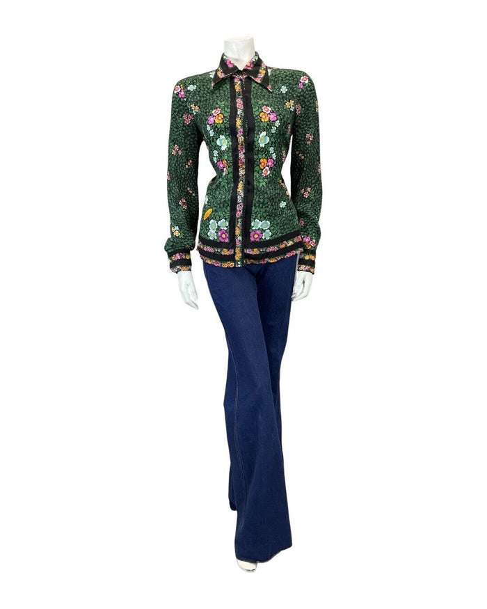 VINTAGE 70s 90s GREEN BLACK PINK LEAFY FLOWER GARDEN DAGGER COLLAR BLOUSE 12 14