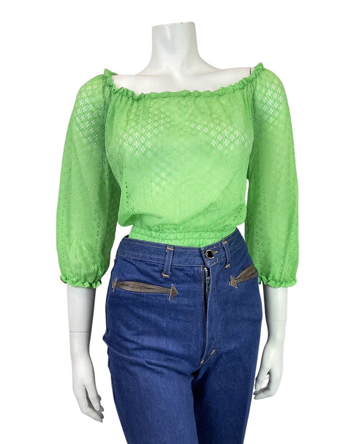 VINTAGE 70s APPLE GREEN DIAMOND RUFFLED SHEER BOHO PRAIRIE BLOUSE 10 12