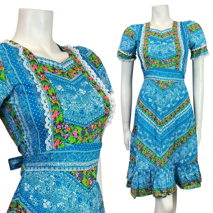 VINTAGE 70s BLUE GREEN WHITE FLORAL BERRY LACE DOTTY FOLK PRAIRIE BOHO DRESS 4