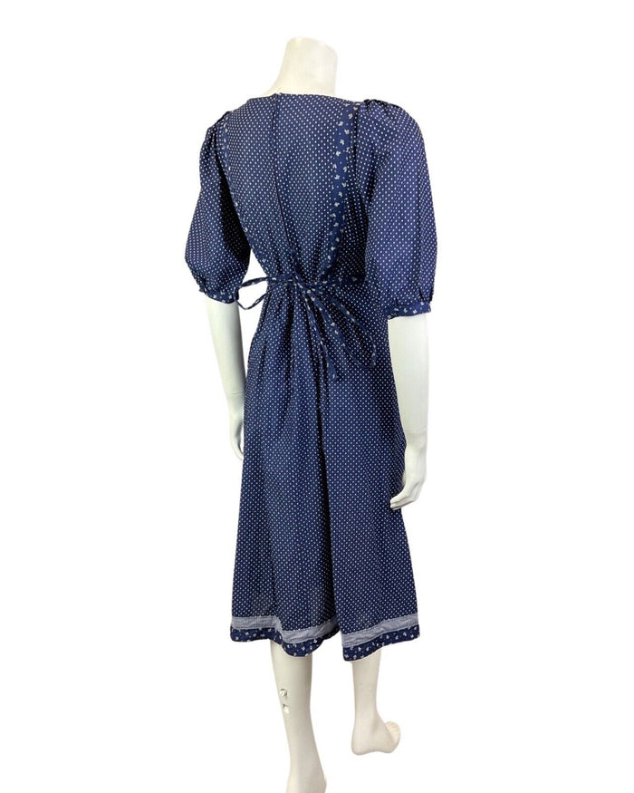 VINTAGE 70s BLUE WHITE PINK POLKA-DOT FLORAL EMBROIDERED BOHO PRAIRIE DRESS 8