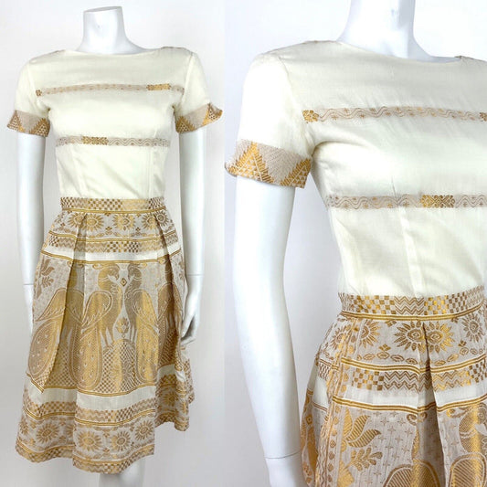 VINTAGE 70s CREAM GOLD INDIAN PEACOCK SUN SUMMER DRESS 8 10