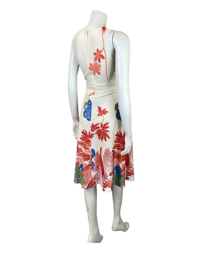 VINTAGE 70s CREAM RED BLUE HAWAIIAN FLORAL HONOLULU SUMMER SWING DRESS 8 10