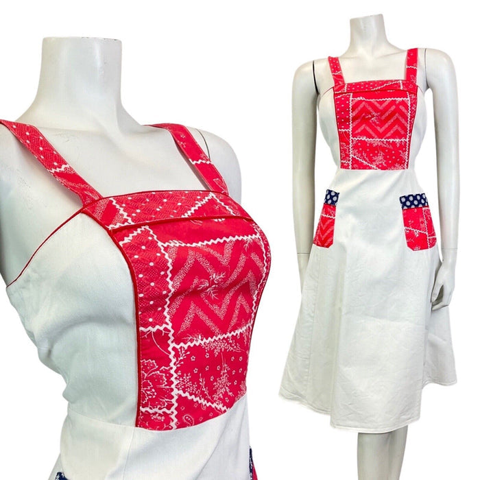 VINTAGE 70s WHITE RED BLUE FLORAL FOLK PRAIRIE PATCHWORK SUMMER SUN-DRESS 4 6