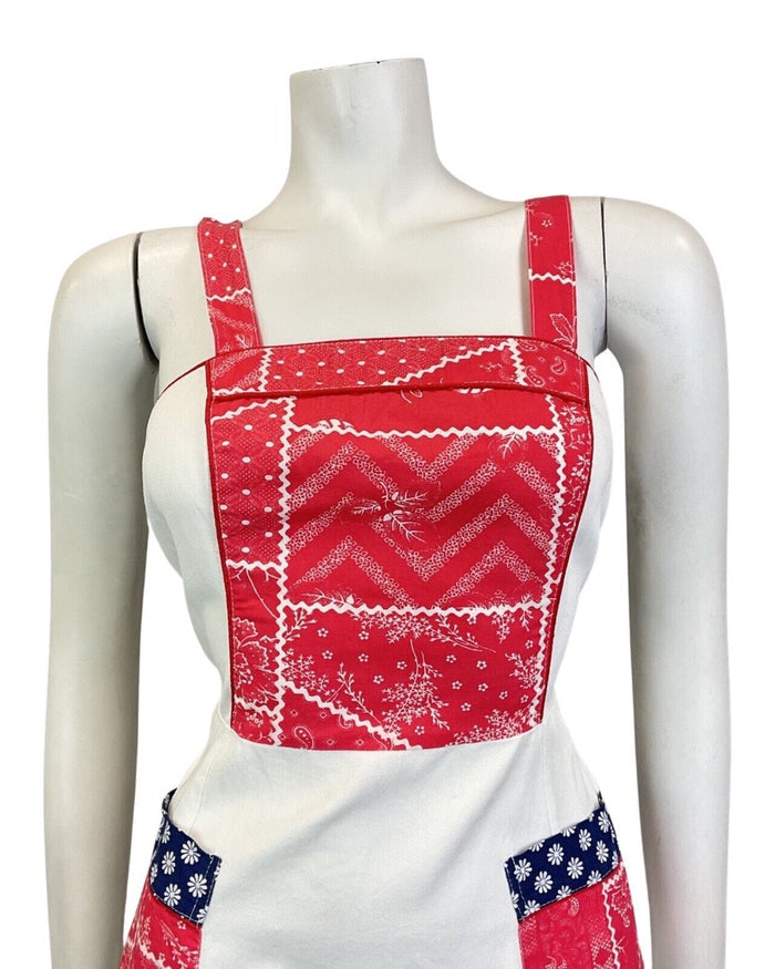 VINTAGE 70s WHITE RED BLUE FLORAL FOLK PRAIRIE PATCHWORK SUMMER SUN-DRESS 4 6