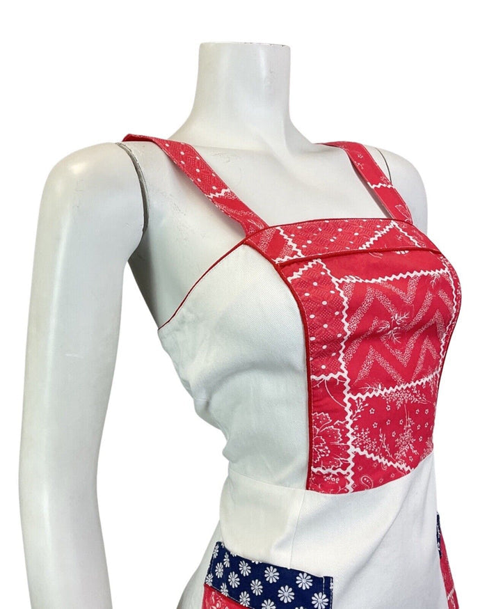 VINTAGE 70s WHITE RED BLUE FLORAL FOLK PRAIRIE PATCHWORK SUMMER SUN-DRESS 4 6