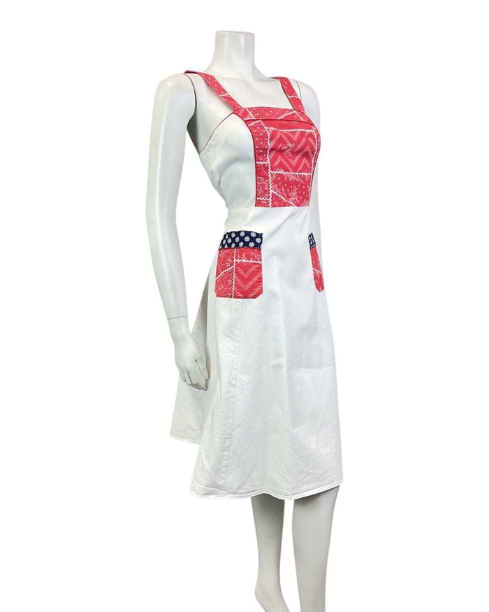 VINTAGE 70s WHITE RED BLUE FLORAL FOLK PRAIRIE PATCHWORK SUMMER SUN-DRESS 4 6