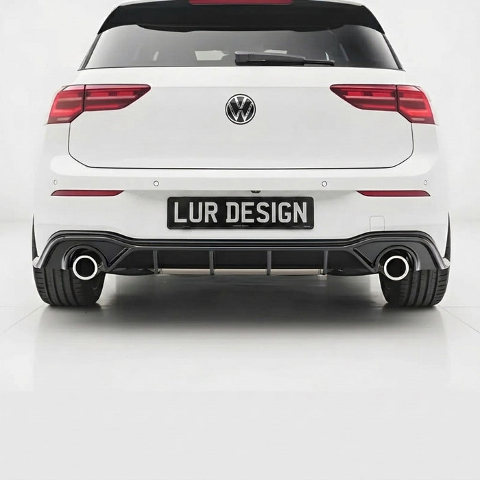 Volkswagen Golf MK8 gti R Line with  rear diffuser Lur Design Plate on a white background with 'LD Design' logo.