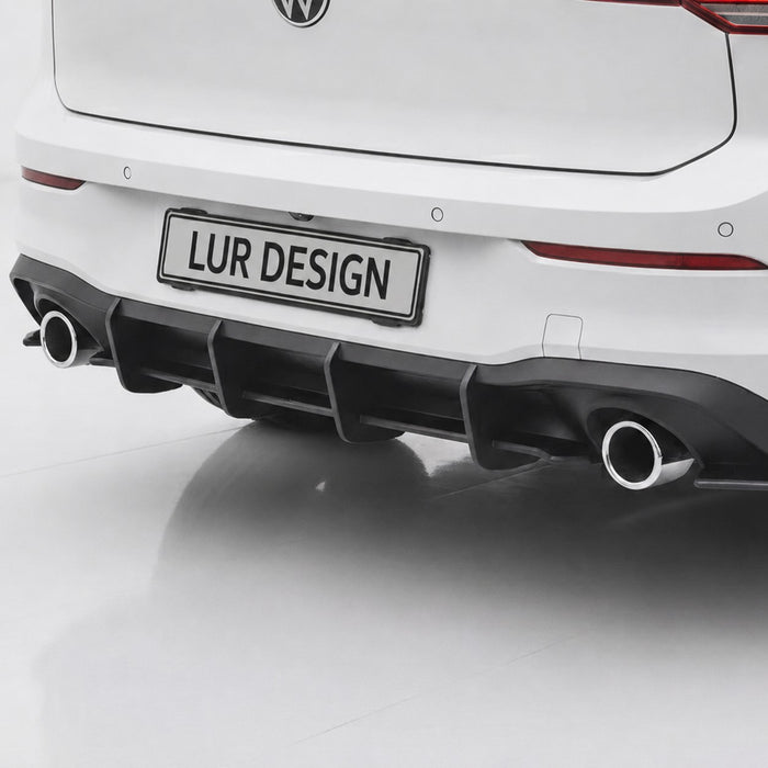 Rear Diffuser Volkswagen Golf 8 GTI
White Volkswagen car with 'LUR DESIGN' on the license plate against a white background