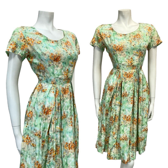 VTG 50S 60S GREEN BLUE ORANGE FLORAL PLEATED ROCKABILLY SWING DRESS 10 8 S