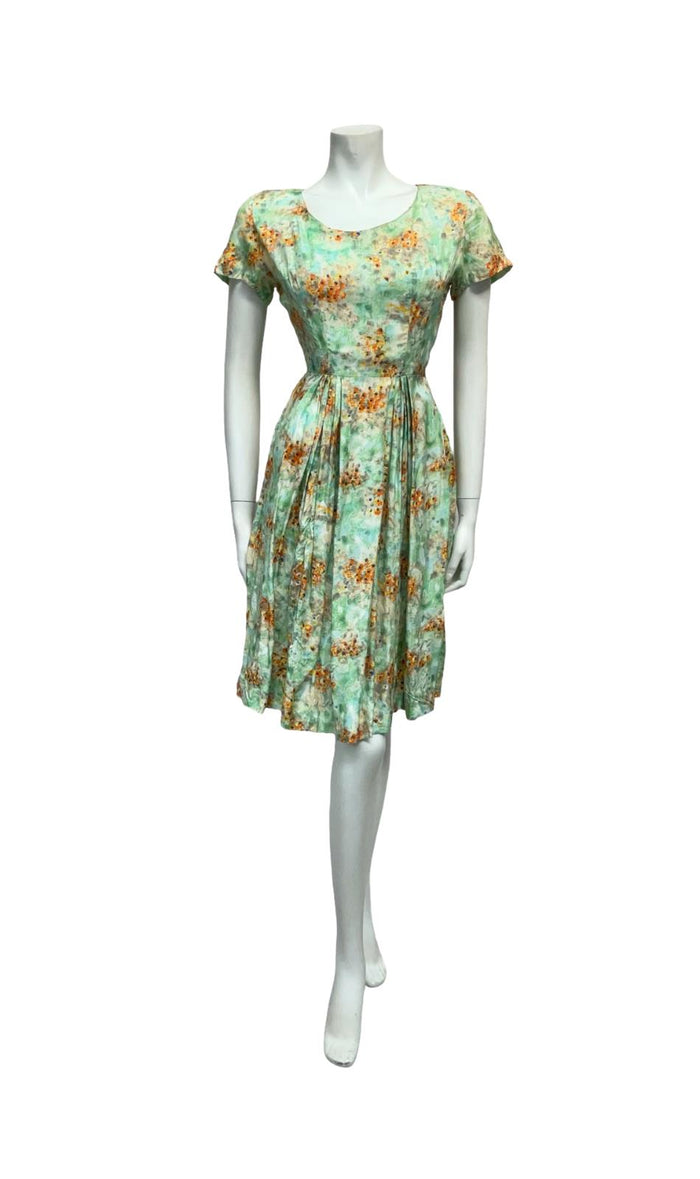 VTG 50S 60S GREEN BLUE ORANGE FLORAL PLEATED ROCKABILLY SWING DRESS 10 8 S