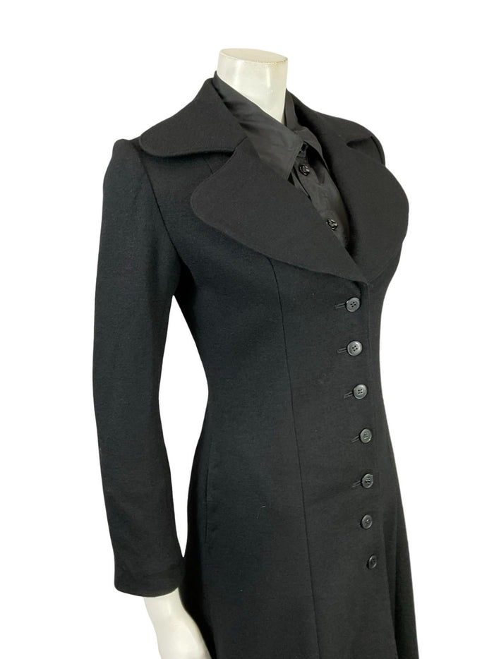 VTG 60S 70S AIDMA MOD BLACK WOOL MONOCHROME ROUNDED LAPEL LONG COAT XS 6