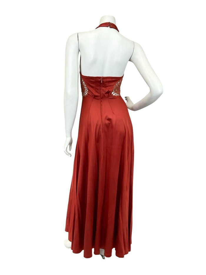 VTG 60S 70S ARLETTE BERESSI REDDISH BROWN LACE INLAY HALTER MAXI DRESS 4 6 XS