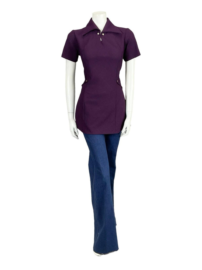 VTG 60S 70S AUBERGINE PURPLE MOD GOGO SPACE AGE GOLD KEYHOLE TUNIC TOP 10