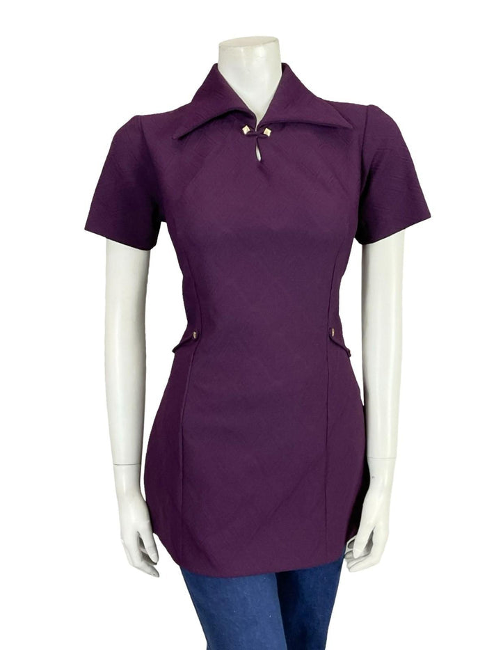 VTG 60S 70S AUBERGINE PURPLE MOD GOGO SPACE AGE GOLD KEYHOLE TUNIC TOP 10
