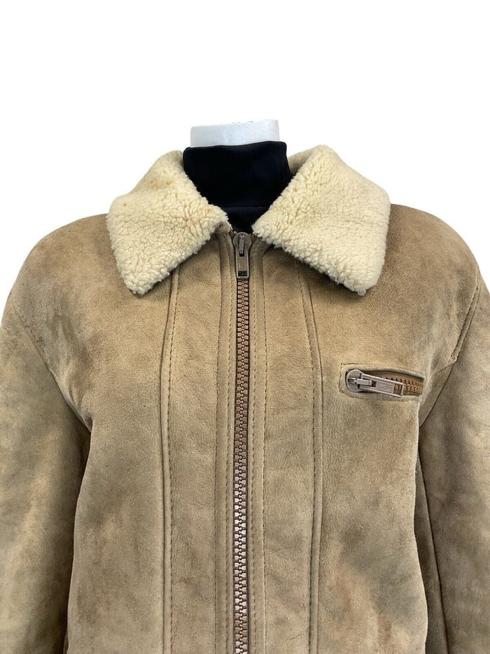 VTG 60S 70S AVIATOR BEIGE SAND SUEDE SHEARLING ZIP UP JACKET W POCKETS 18 20