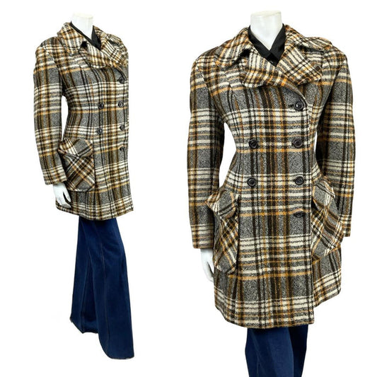 Shrinking Violets Vintage 60s 70s black cream and yellow plaid wool preppy mod coat on a white mannequin wearing blue flared jeans