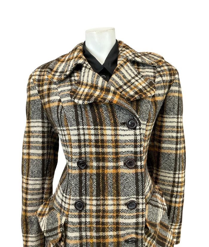 VTG 60S 70S BEIGE BROWN CREAM DOG EAR NOTCH LAPEL DOUBLE BREAST WOOL COAT 16