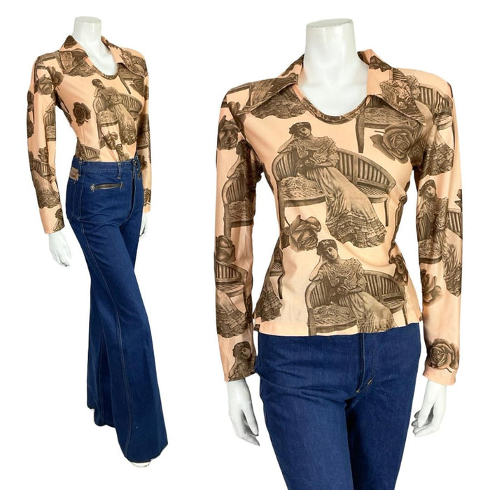 Mannequin wears a 60s 70s beige and brown Edwardian lady printed dagger collar shirt with blue flared jeans.