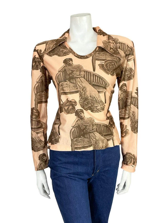 VTG 60S 70S BEIGE GREY EDWARDIAN LADY DOG ROSE GRAPHIC DAGGER T SHIRT 16
