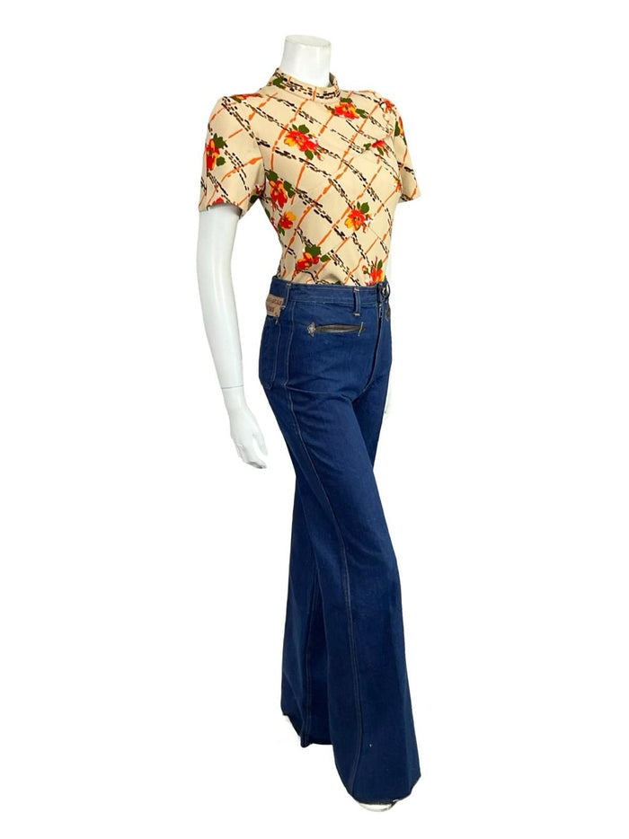 VTG 60S 70S BEIGE ORANGE BROWN GEOMETRIC FLORAL MOD FUNNEL NECK TUNIC TOP 10