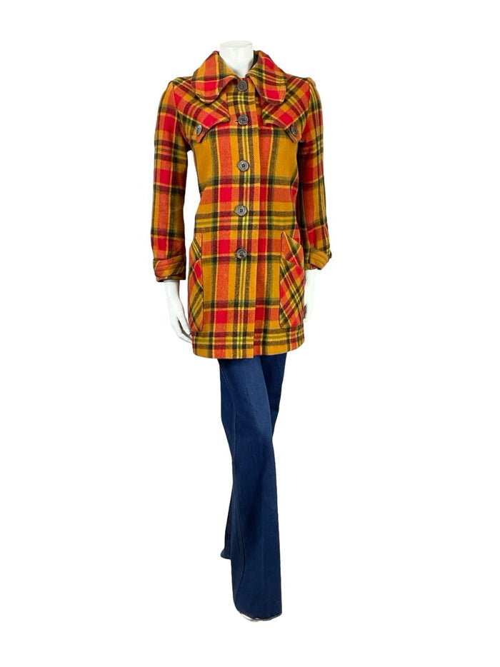 VTG 60S 70S BEIGE RED BLACK GREEN TARTAN PLAID MOD DOG EAR COLLAR COAT 12