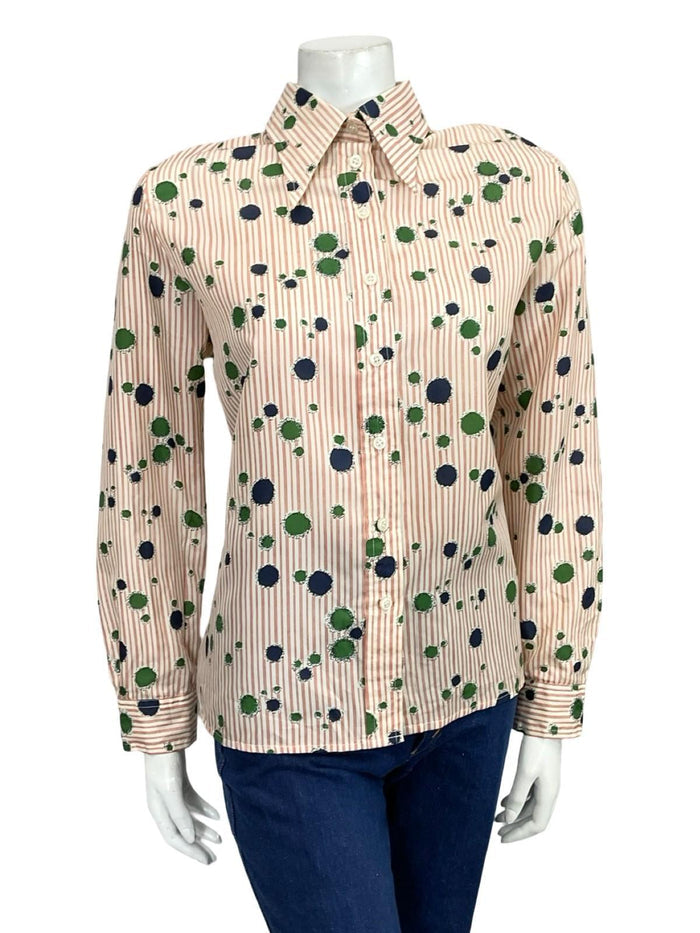 VTG 60S 70S BEIGE RED BLUE GREEN STRIPED GEOMETRIC DOTTY DAGGER SHIRT 16 18 L