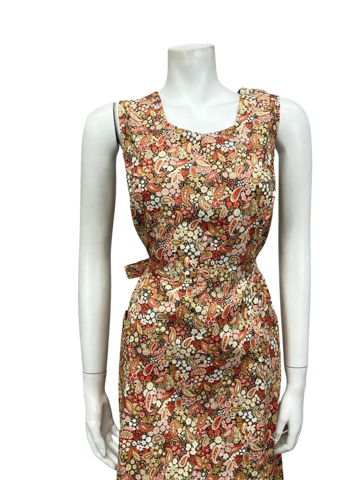 VTG 60S 70S BEIGE RED GREEN BOHO PAISLEY FLORAL SWEETHEART TIE MIDI DRESS 12