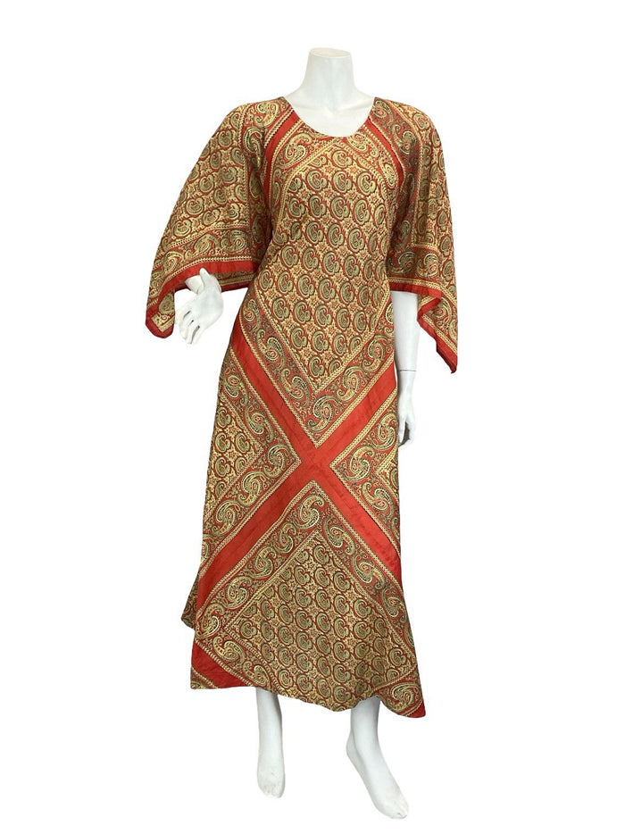 VTG 60S 70S BEIGE RED PAISLEY FLORAL BOHO HIPPY HANDKERCHEIF MAXI DRESS 12