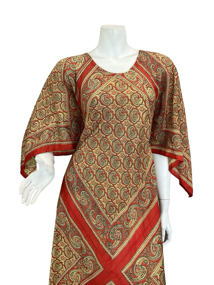 VTG 60S 70S BEIGE RED PAISLEY FLORAL BOHO HIPPY HANDKERCHEIF MAXI DRESS 12
