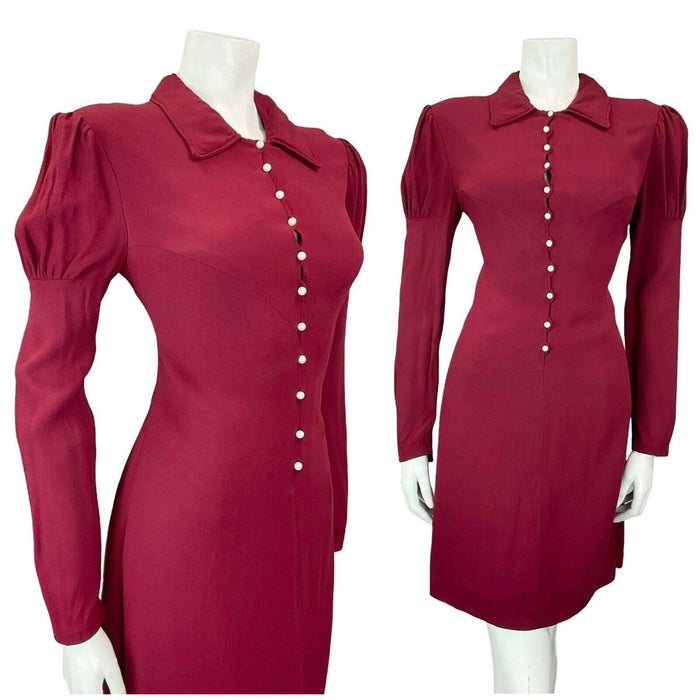 VTG 60S 70S BERRY RED PEARL BUTTON DOWN JULIET MUTTON SLEEVE SHIFT DRESS S 8 10