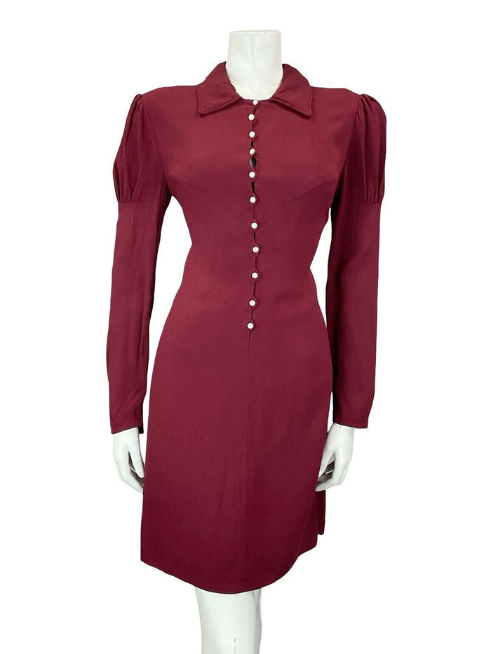 VTG 60S 70S BERRY RED PEARL BUTTON DOWN JULIET MUTTON SLEEVE SHIFT DRESS S 8 10