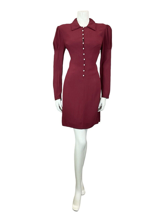 VTG 60S 70S BERRY RED PEARL BUTTON DOWN JULIET MUTTON SLEEVE SHIFT DRESS S 8 10
