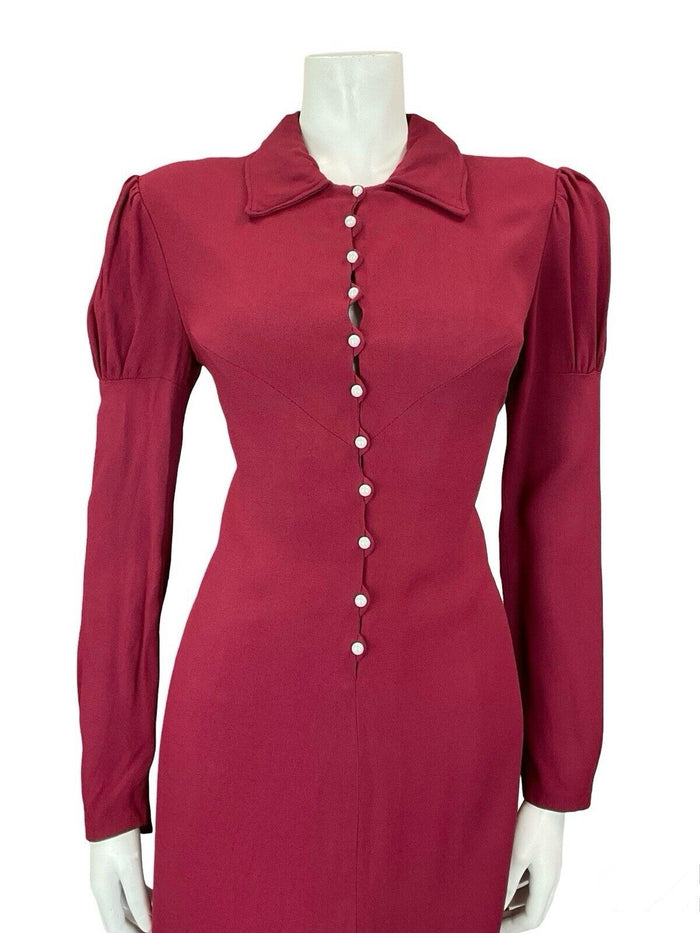 VTG 60S 70S BERRY RED PEARL BUTTON DOWN JULIET MUTTON SLEEVE SHIFT DRESS S 8 10