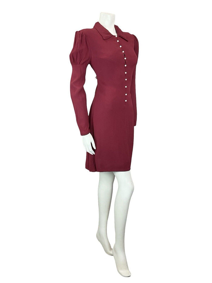 VTG 60S 70S BERRY RED PEARL BUTTON DOWN JULIET MUTTON SLEEVE SHIFT DRESS S 8 10