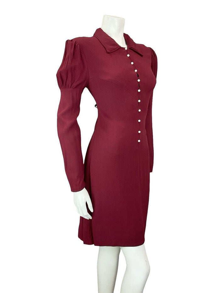 VTG 60S 70S BERRY RED PEARL BUTTON DOWN JULIET MUTTON SLEEVE SHIFT DRESS S 8 10