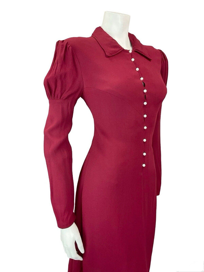 VTG 60S 70S BERRY RED PEARL BUTTON DOWN JULIET MUTTON SLEEVE SHIFT DRESS S 8 10