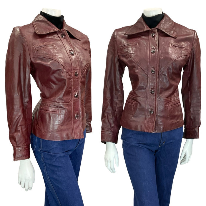 VTG 60S 70S BIKER BERRY RED POINTED COLLAR WELT POCKET BUTTON DOWN JACKET 10 12