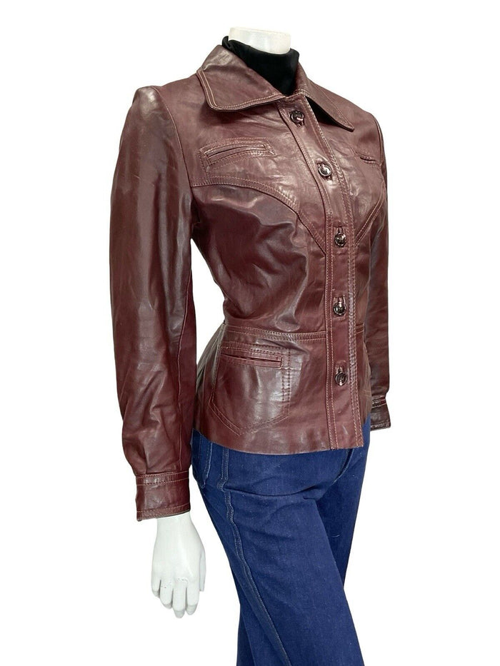VTG 60S 70S BIKER BERRY RED POINTED COLLAR WELT POCKET BUTTON DOWN JACKET 10 12