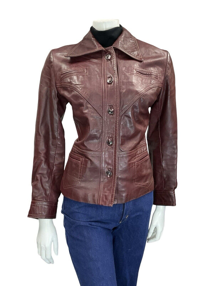VTG 60S 70S BIKER BERRY RED POINTED COLLAR WELT POCKET BUTTON DOWN JACKET 10 12