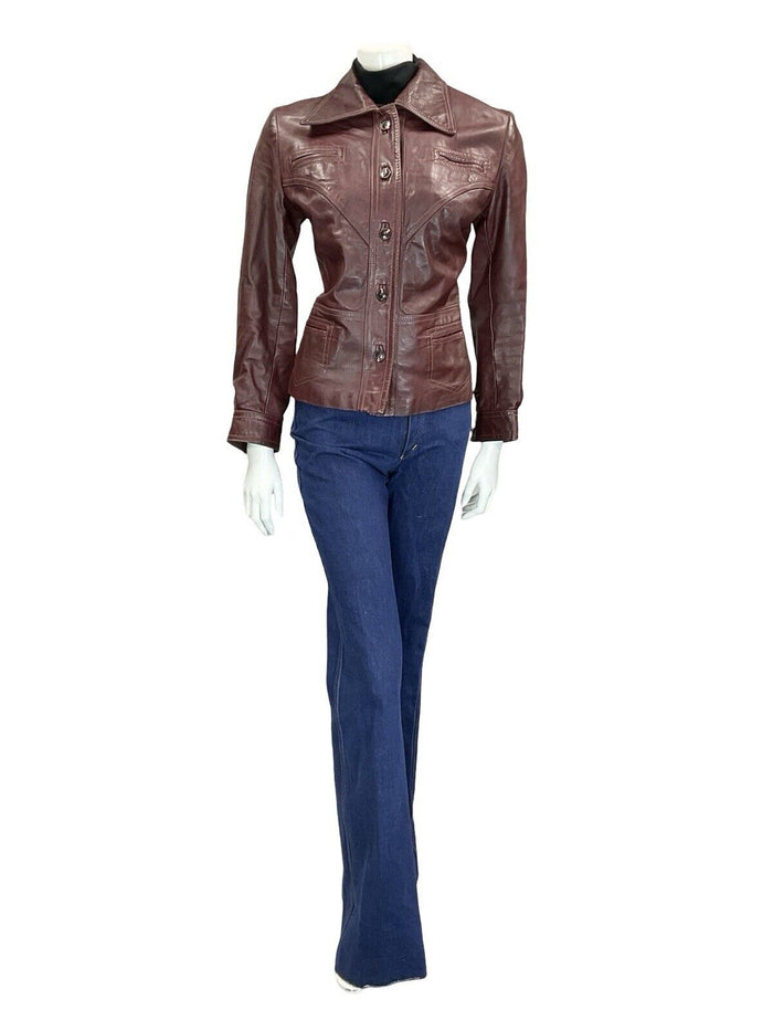 VTG 60S 70S BIKER BERRY RED POINTED COLLAR WELT POCKET BUTTON DOWN JACKET 10 12